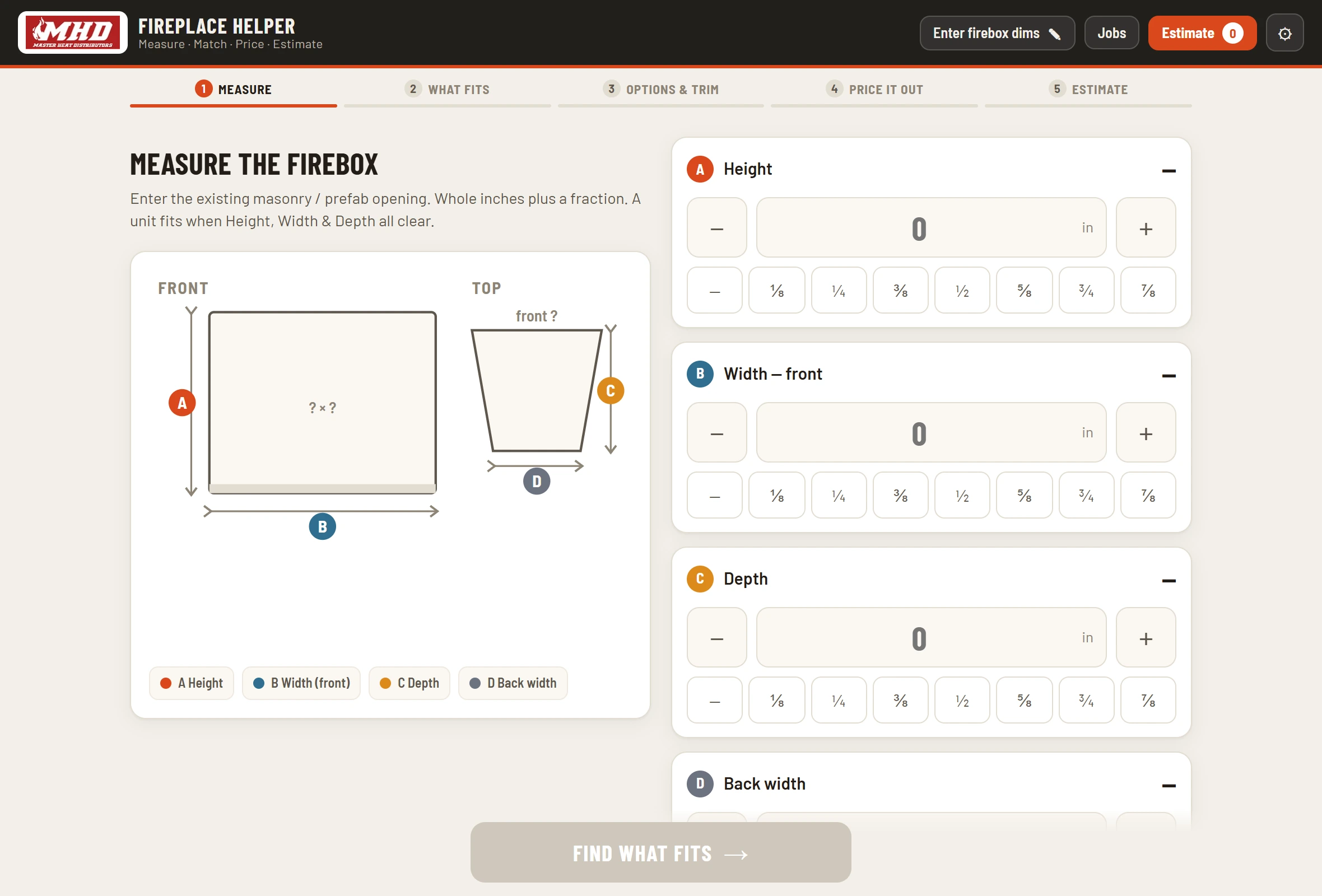 Emberline's measure screen: height, width, and depth entry with a fractions keypad and front and top diagrams of the firebox opening