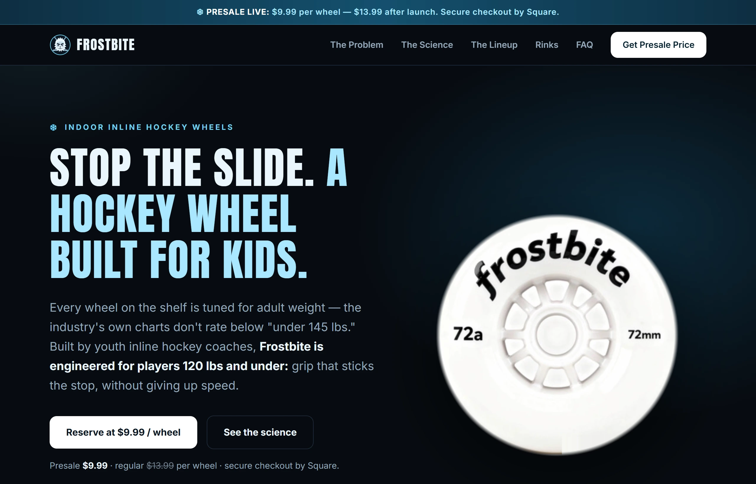 frostbitehockeysupply.com homepage on desktop: presale banner, headline reading Stop the Slide, a hockey wheel built for kids, and a product photo of the wheel
