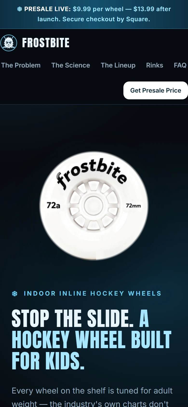 frostbitehockeysupply.com on a phone: the wheel product photo, presale pricing banner, and headline stacked for mobile