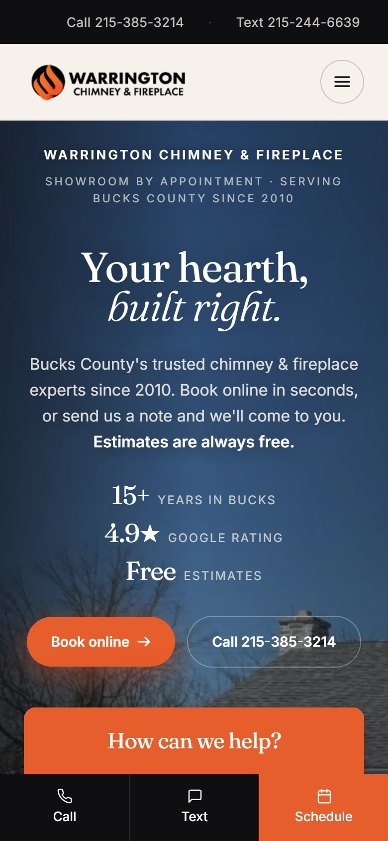warringtonfireplace.com on a phone: the same homepage with a fixed call, text, and schedule bar at the bottom of the screen